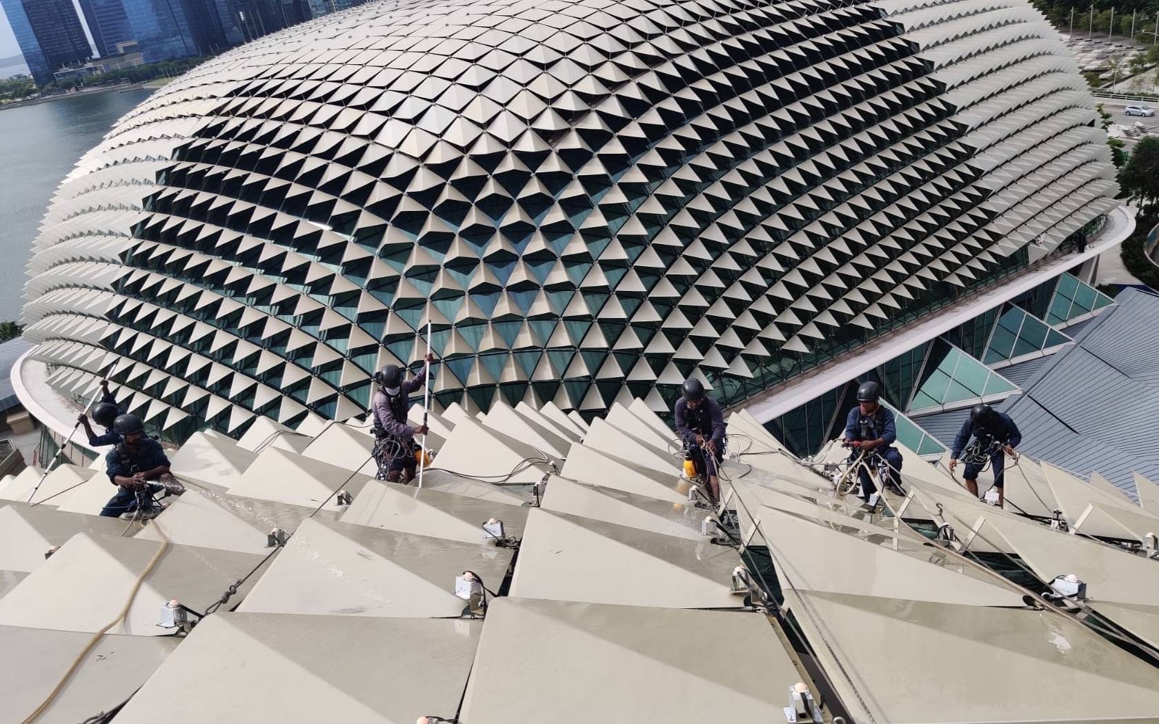Image of Rope Access Technicians cleaning the cladding on the roof of Esplanade's structure.