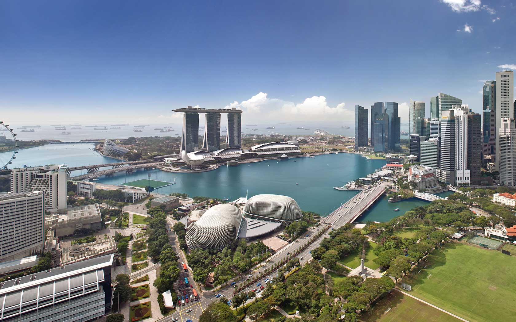 Image of aerial view of Esplanade and the Marina Bay.