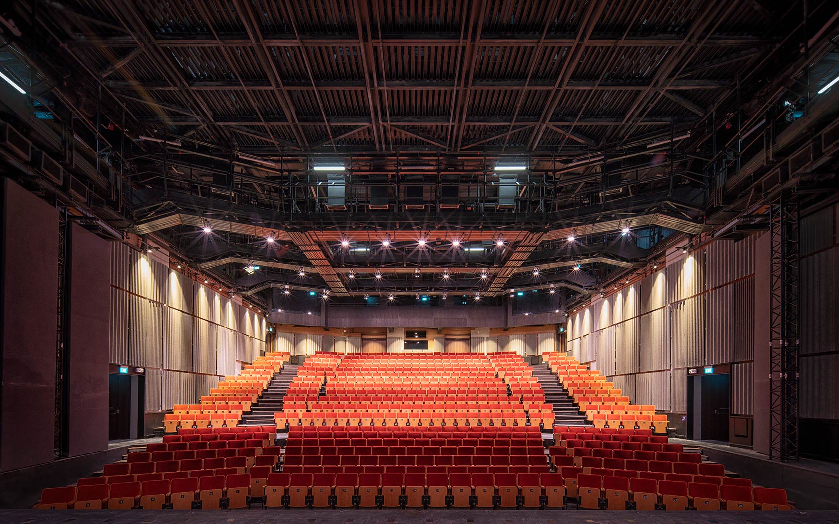 Image of the interior of the Singtel Waterfront Theatre with seats configured end on.