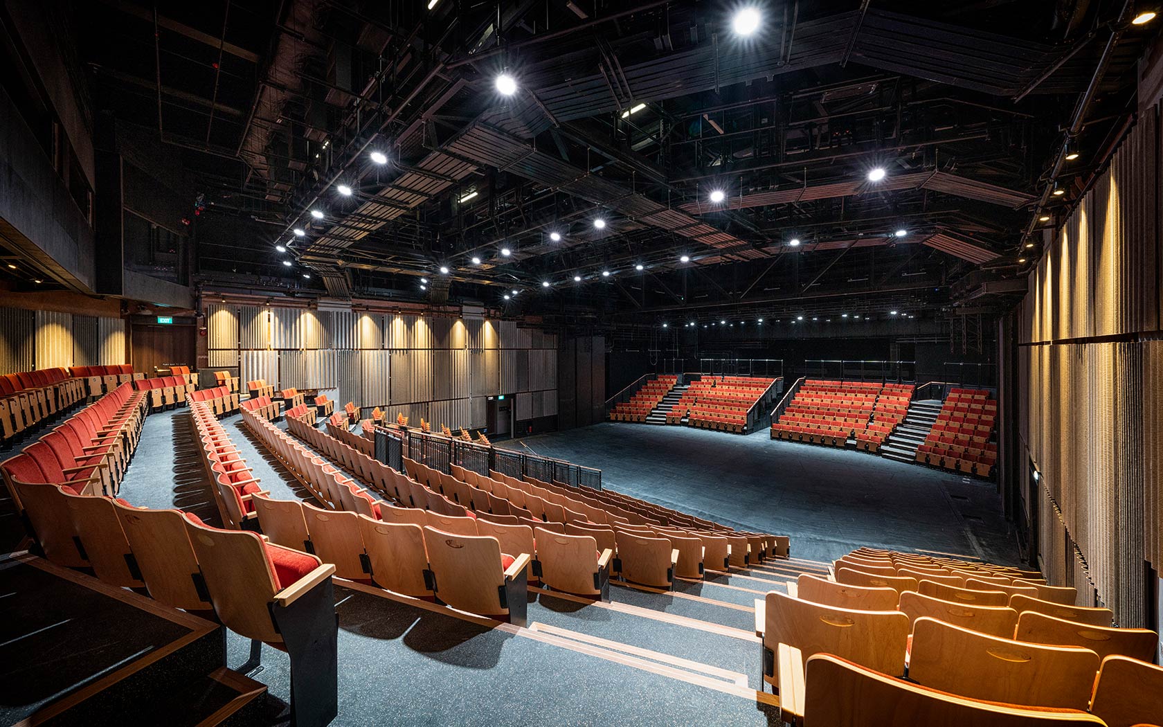 Image of the interior of the Singtel Waterfront Theatre with seats configured in traverse.