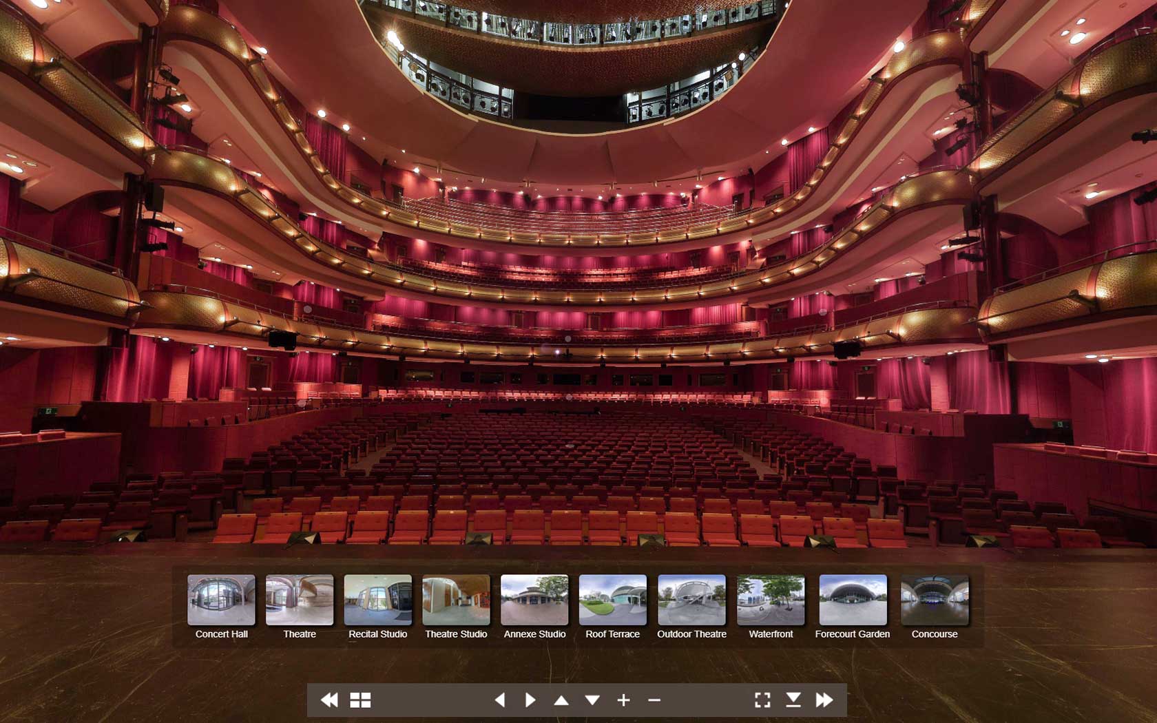 View of audience seats in Esplanade Theatre taken from the stage as part of the virtual tour