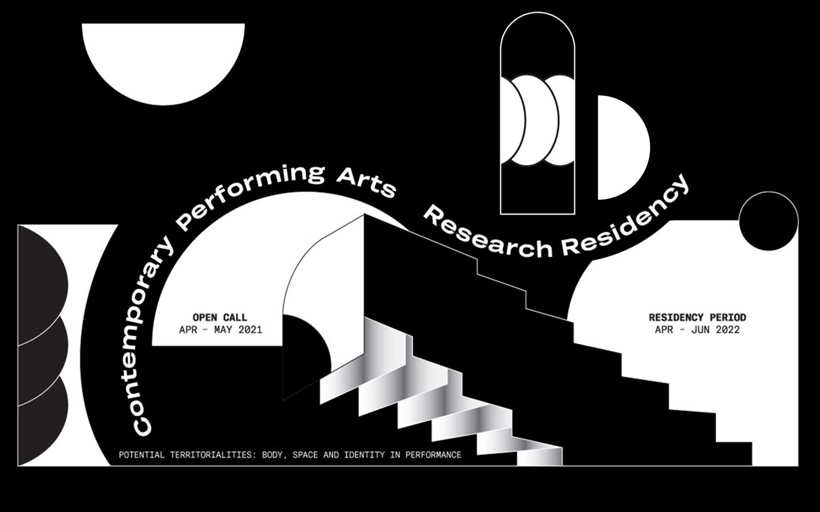 Illustration of the visual for the Contemporary Performing Arts Research Residency using black and white design elements.