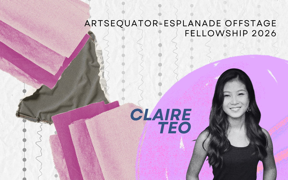 Key visual for the ArtsEquator–Esplanade Offstage Fellowship 2026 featuring a black-and-white portrait of Claire Teo against a pink collage-style background.