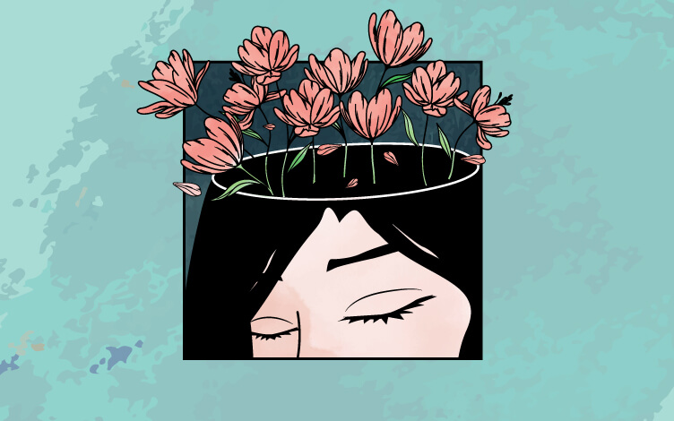 Illustration of woman with flowers growing out of her head.