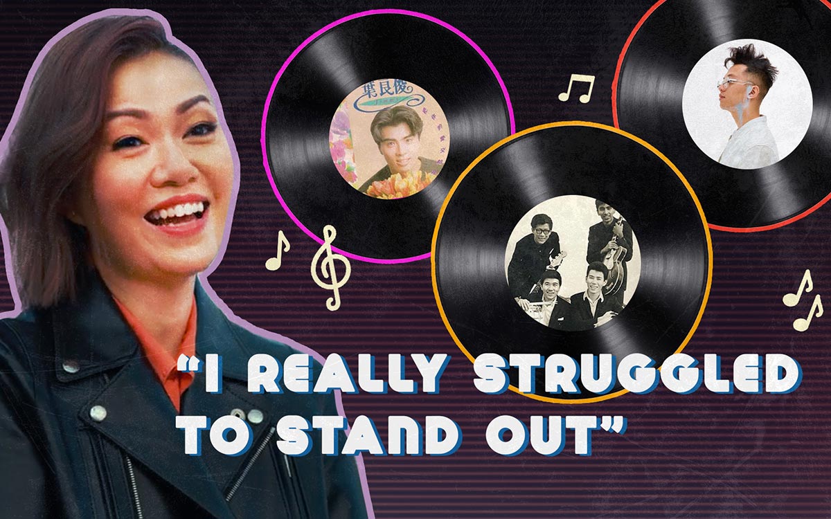 Image of Singapore artist Joanna Dong with illustrations of vinyl records of chart-topping artists