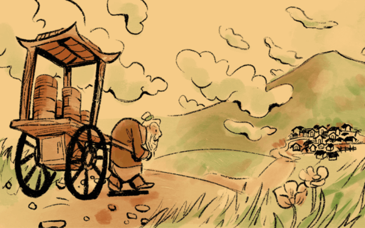 Illustration of old man pulling a dumpling cart towards a mountain