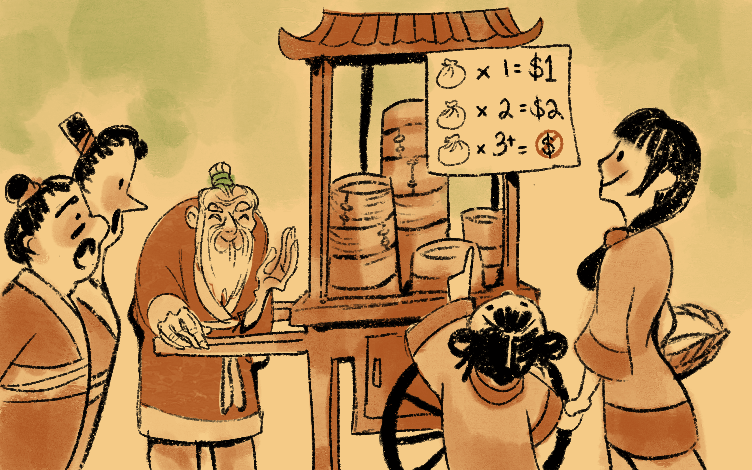Illustration of old man selling dumplings