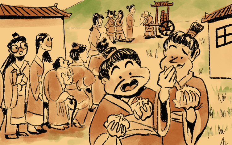Illustration of people eating a lot of dumplings at once