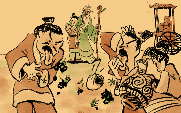 Illustration of people coughing up dumplings filled with dirt