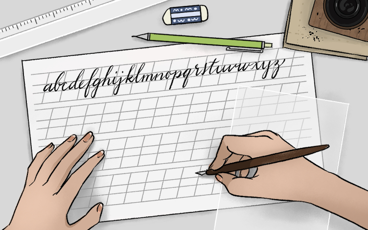Illustration of a person practicing calligraphic handwriting.